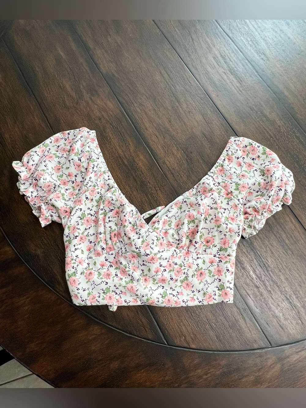 Sundae Muse Women’s Sz 8 Cropped Top Lace Up Puff Sleeves White Pink Florals